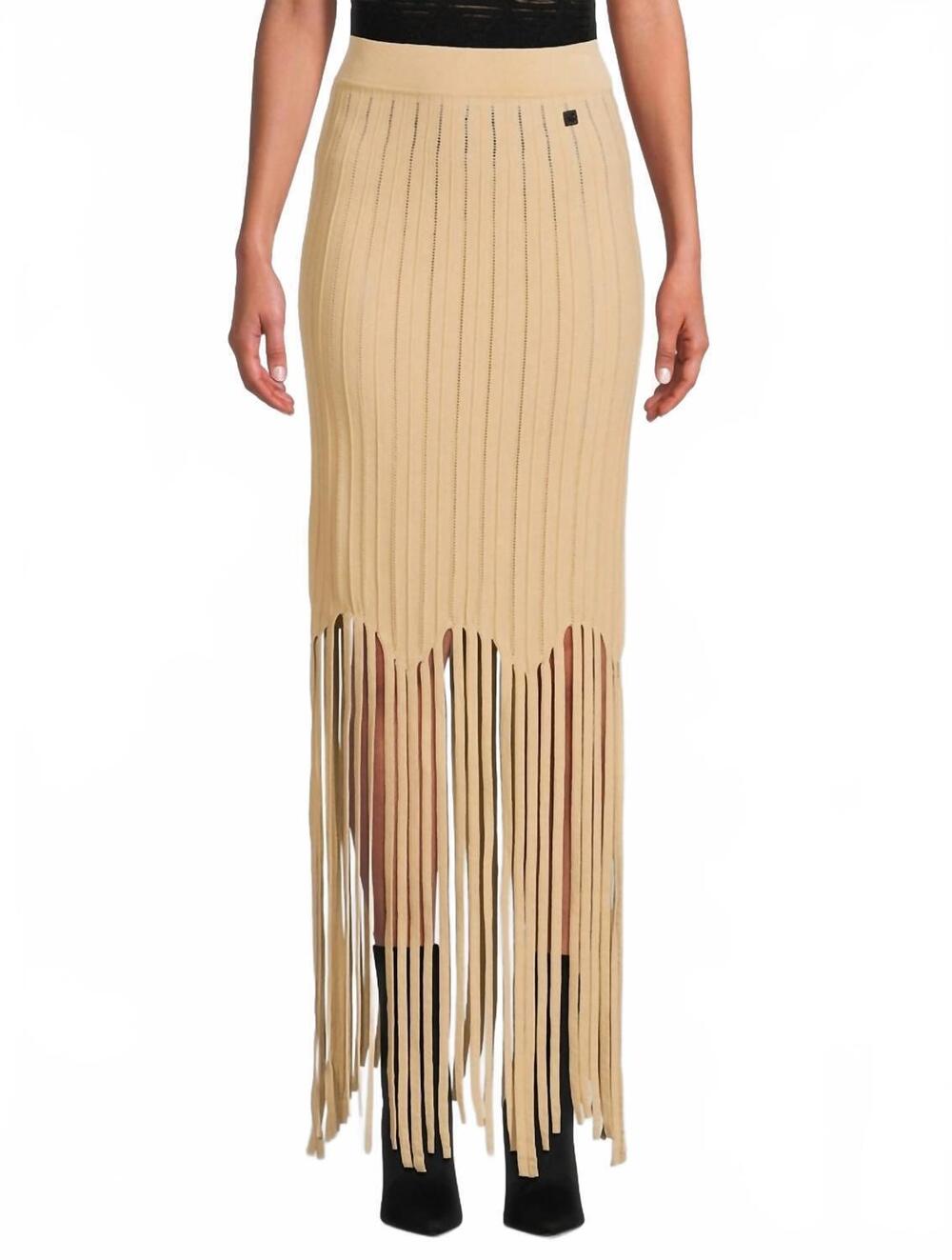 NEW BALMAIN flechage fringed knit long skirt in beige
